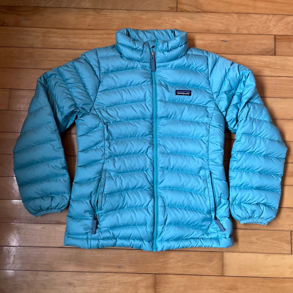 Patagonia Kids XL 14 Down Sweater Jacket Turquoise Blue Puffer Full Zip Insulate